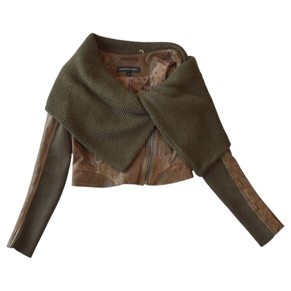 Andrew Marc Brown Leather and Shawl Collar Knit Jacket - Size XS Fall Outerwear - Picture 1 of 7
